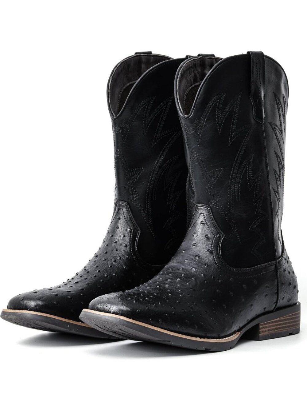 🆕Men's All Black Cowboy Boots Western Ostrich Wide Embroidered Pull On
